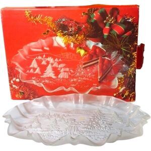 Mikasa Germany Frosted Glass Oval Canape Platter "Christmas‎ Story"